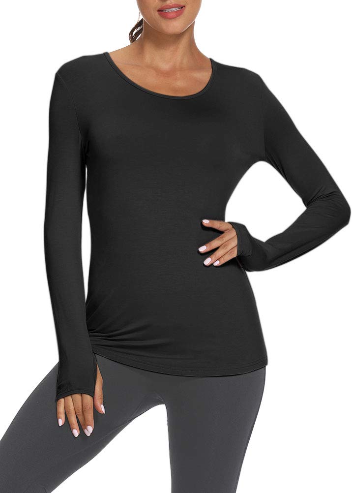 Mippo Womens Workout Athletic Yoga Long Sleeve Shirts Gym Pilates Clothes Soft Long Tunic Tops with Thumb Holes Black L - Image 2